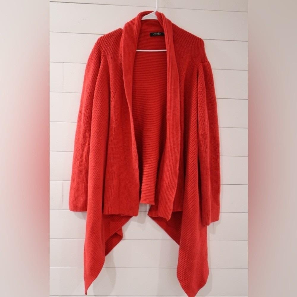 Lauren Ralph Lauren Red Draped Open Front Cardigan Waterfall Cotton Sweater